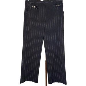 Larry Levine petite stretch 10 P black pinstripe snap straps at pockets, wide le